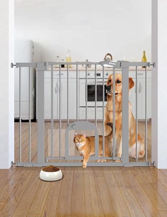Babelio Baby Gate with Adjustable Cat Door,29-43" Auto Close Durable Pet Door for Stairs,Doorways and House, Pressure Mounted,Easy Install,Effortless Walk Thru,Gray