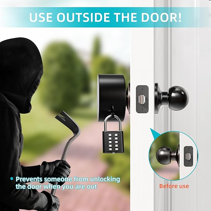 Door Knob Cover Lock with Combination Padlock, Child Proof Door Knob Covers, Door Knob Lockout Device for Dementia Elderly Safety, Renter Friendly Temporary Bedroom Door Lock (Black)