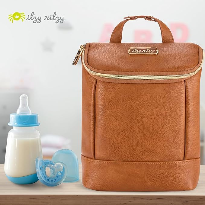 Itzy Ritzy Insulated Bottle Bag – Keeps Bottles Warm or Cool - Holds 3 Bottles & Features Interior Pocket for Ice Pack (Not Included), Cognac