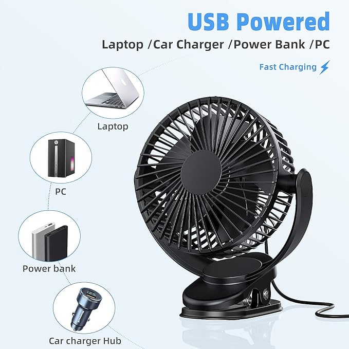 ATEngeus Rechargeable Clip-on USB Desk Fan, 3 Speeds, 5000mAh Battery, 720Rotation, Sturdy Clamp for Home, Camping, Treadmill and Car