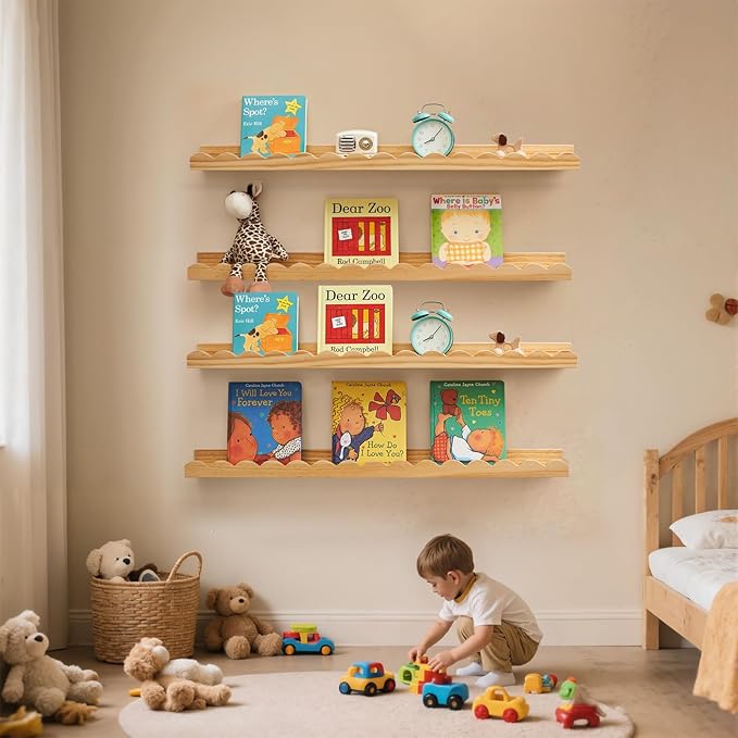 Scalloped Baby Book Shelf,Floating Shelves for Wall Set of 4 Natural Solid Pine Wood Nursery Bookshelves with Wave Lip for Bedroom Kids, Toddler Room, Baby Room, Nursery Decor(Natural,60cm)