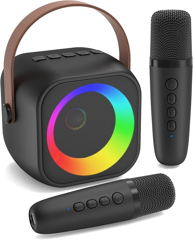 Mini Karaoke Machine, Portable Bluetooth Karaoke Speaker with 2 Wireless Microphones, Singing Machine with Party Lights for Kids and Adults, Birthday Gifts for Girls Boys Family Home Party