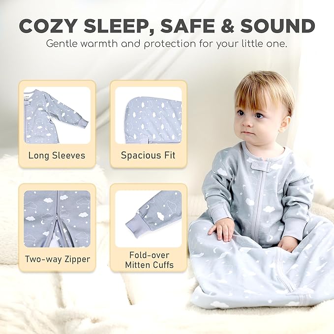 Mama Cheetah Baby Sleep Sack with Sleeves, 0.5 TOG Organic Cotton Wearable Blanket and Two-Way Zipper, Swaddle Transition Long Sleeve Sleeping Bag for Newborn Infant Toddler, 12-18 Months