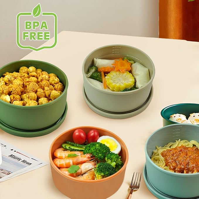 Silicone Food Storage Containers & Round Bowls with Lids - Meal Prep Containers for Kitchen Serving, Salad & Lunch - Airtight, Microwave/Fridge/Dishwasher Safe, BPA-Free, 24oz. (Grayish blue)