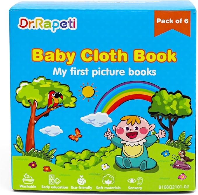 Dr.Rapeti Soft Cloth Books Baby Books Bath Books 6-Pack for Baby Infant Toddler Kids Crinkle Squeaky Washable Chewable Non-Toxic Early Educational Giftable