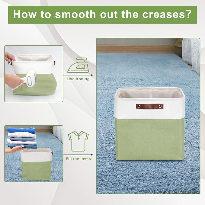 13x13 Cube Storage Bins, Collapsible Fabric Storage Box, 4 Pack Closet Baskets with Handles for Organizing, Shelf, Toys, Clothes, Home, Office, Nursery (Green&White)