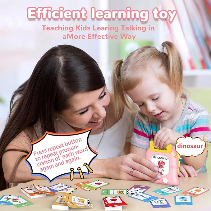 Kidzdo 520 Bilingual Spanish English Talking Flash Cards, Christmas Birthday Gifts for 2 3 4 5 6 Year Old Girls, Montessori Pocket Speech Therapy Toys, Portable Toddlers Toys for Ages 2-6 Kids, Pink
