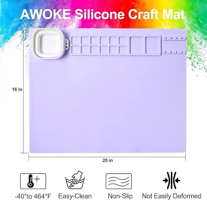 AWOKE Silicone Painting Mat - 20"X16" Silicone Art Mat with 1 Water Cup for Kids - Craft Mat has12 Color Dividers - 2 Paint Dividers (Purple)