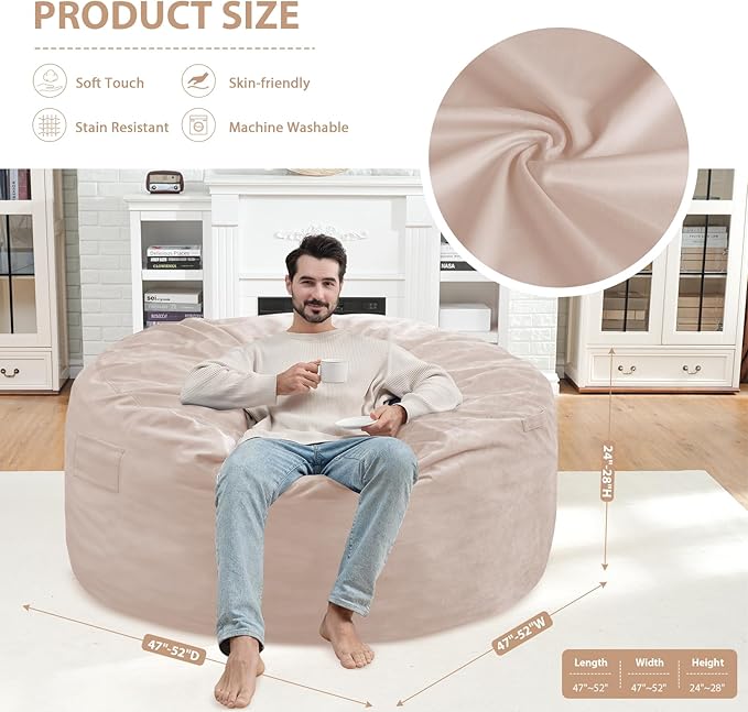 5FT Bean Bag Chair, Large Bean Bag Chairs with Memory Foam Filled, Fluffy Beanbag Sofa with Dutch Velvet Cover, Round BeanBag Chairs for Living Room, Playroom - Beige