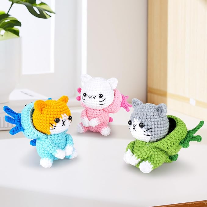 Crochet Kit for Beginners - 3 PCS Axolotl Cat Crochet Kits with Step-by-Step Video Tutorials, Beginner Crochet Kit for Adults, Crochet Cat Dressed as Axolotl Set (Blue & Green & Pink)