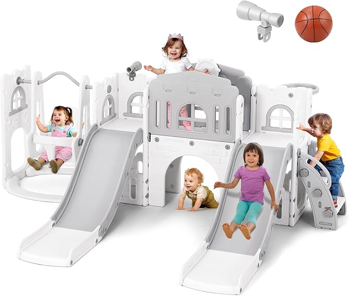 JOYLDIAS 10 in 1 Toddler Slide, Double Kid Climber Slide Playset w/Swing, Basketball Hoop, Telescope, Tunnel, Storage Space and Non-Slip Steps, Indoor Outdoor Backyard Playground Toy for Toddlers