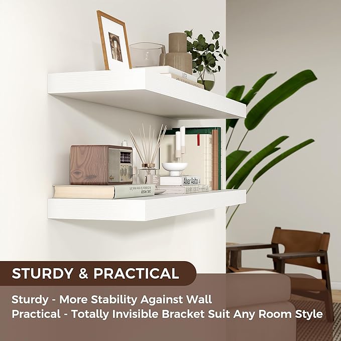 Floating Shelves for Wall, 2 Large Wall Mounted Shelves with Invisible Brackets, Long Wood Floating Wall Shelf Shelves for Living Room, Bedroom, Kitchen, (White, 36" W x 9" D x 1.5" H)