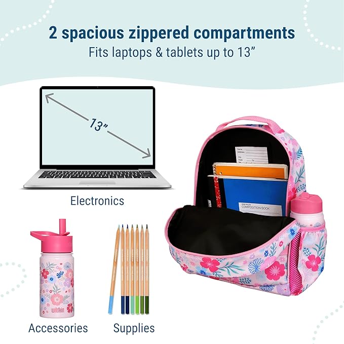 Wildkin ECO rPET 15-inch Kids Backpack – Sustainable, Padded, Adjustable – Pink Floral