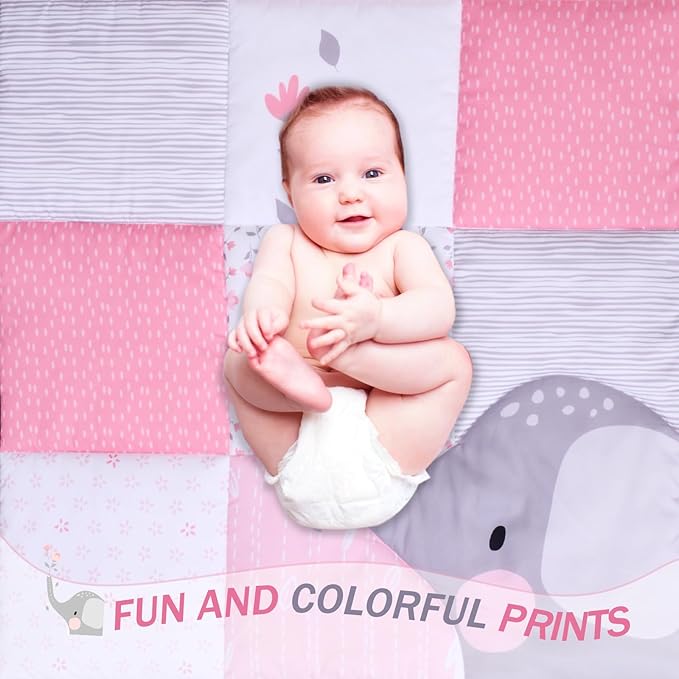 Cloele Elephant Crib Bedding Set for Girls - 3 Piece Baby Bedding Set Includes Comforter Fitted Sheet Crib Skirt - Pink Floral Standard Size Nursery Bedding Set Baby Crib Set for Girls