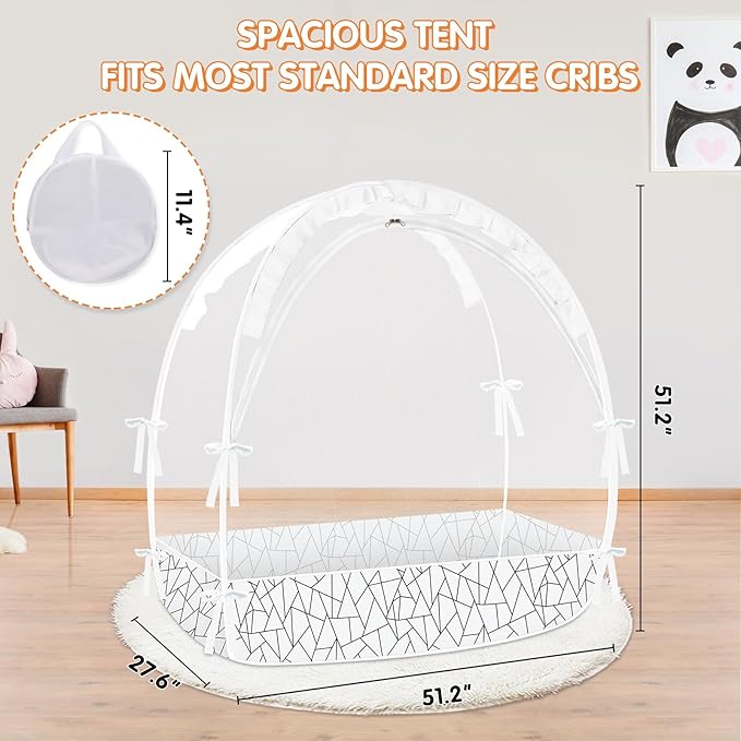 Crib Tent to Keep Baby from Climbing Out - Crib Net to Keep Baby in - Pop Up Breathable Cribs Cover - Canopy with Upgrade Strong Mesh and Durable Zipper (White - Lines, Lager)