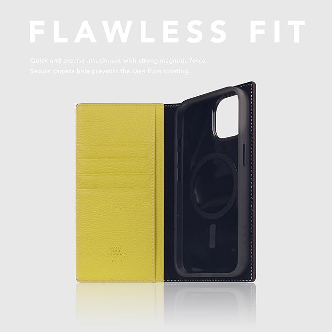 D8 Neon Full Grain Leather Wallet Case for iPhone 15 - [2-in-1] Handcrafted Detachable Diary Style with Magnetic MagSafe Back Cover, Gift Box Included (Lemon)