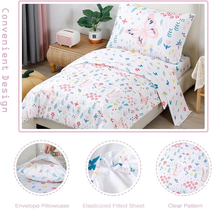 PERFEMET Girls Floral Comforter Set 4 Pieces Flower Bedding Set for Twin Bed Botanical Trees Leaves Butterfly Pattern Comforter for Teens Kids Bed in a Bag for All Seasons(White, Twin)