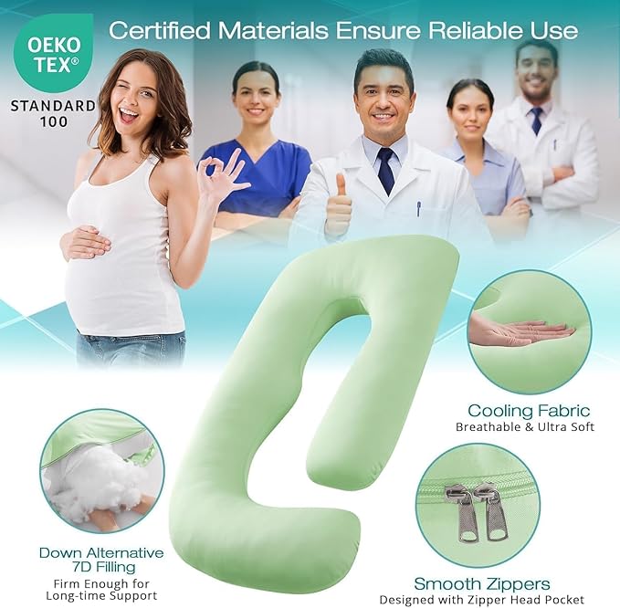 Sasttie Pregnancy Pillows for Sleeping, Jumbo U Shaped Cooling Full Body Pillow with Removable Cover, Pregnant Women Must Haves, Maternity Essential, Light Green