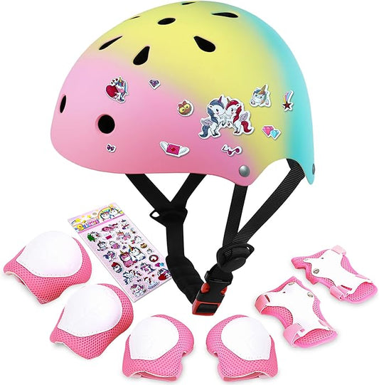 Kids Bike Helmet with DIY Stickers and Knee Pads Elbow Pads Wrist Guard Set for Ages 3-8-14 Toddler Boys Girls Helmet for Roller Skates Cycling Skateboarding Bicycle Scooter