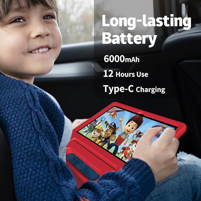 Kids Tablet, 10.1 Inch Tablet for Kids Android 14, 64GB Octa-Core, WiFi, Big Battery, Kids Space, Parental Control 1280 * 800 HD Display Children Tablets Red