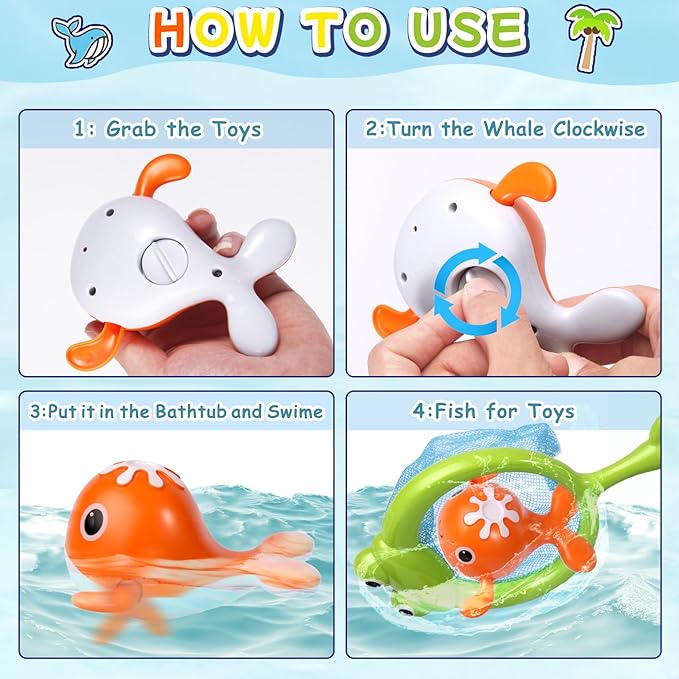 Baby Bath Toys Set, Wind Up Pool Toys for Toddlers 1-3, Kids Magnetic Fishing Toys with 1 Fishing Rod & 1 Net & 4 Brightly Colored Whales, Boys and Girls Birthday Gifts