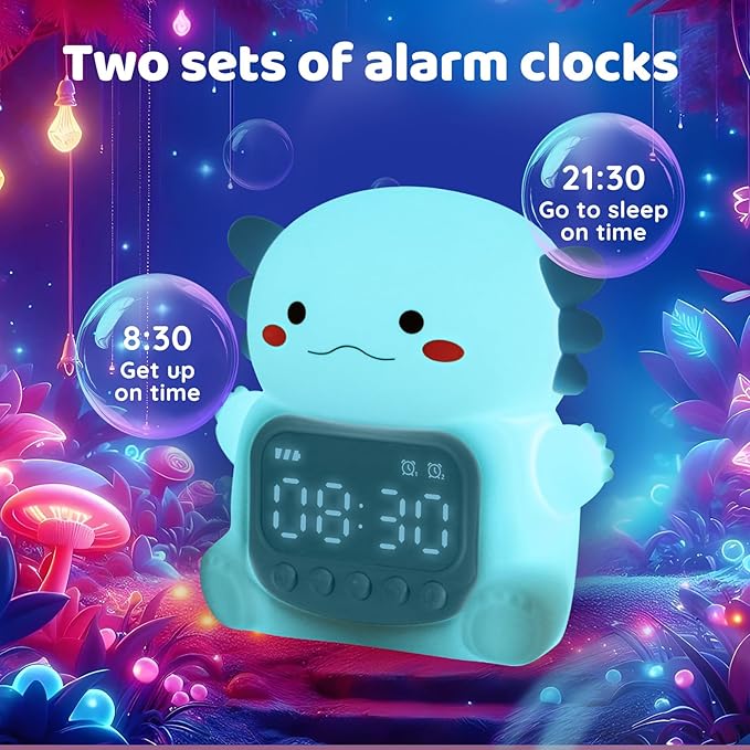 Axolotl Alarm Clock with Night Light for Kids, Rechargeable Silicone Lamp Time to Wake Clock Cute Animal Tabletop Lamp, Perfect Sleep Companion for Boys Girls, Blue