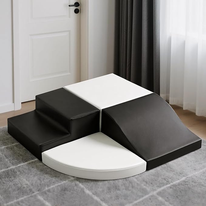 4-Piece Soft PU Leather Toddlers Climbing Toys, Baby Foam Climbing Blocks for Toddlers 3, Indoor Climb and Crawl Activity Play Set, Foam Play Gym Climbing Structures (Black and White)