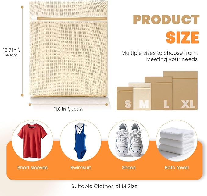4Pcs Cotton Mesh Laundry Bags for Delicates,Breathable Mesh Garment Bag for Washing Machine,Travel Wash Bags with Zipper for Bras,Underwear,Socks,Baby Clothes,Laundry Dorm Room Essentials(M)