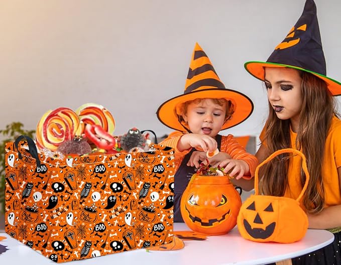 HIYAGON Rectangular Halloween Basket for Boys and Girls Kids Trick or Treat Pumpkin Basket for Halloween Parties Cute Storage Bin Organizer Box Room Decor(Yellow Halloween)