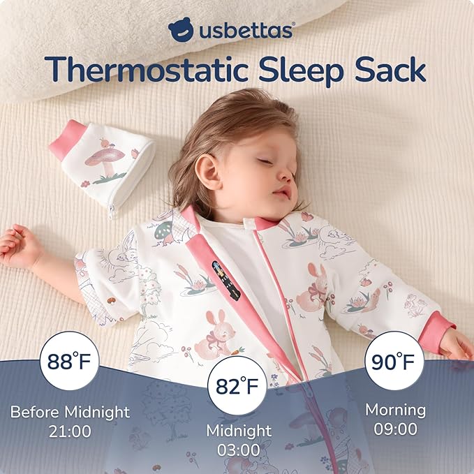 Baby Sleep Sack 6-12 Months, Cotton Detachable Long Sleeve Sleep Sack, 1.0 Tog Toddler Sleeping Sack with Temperature Strips, 2-Way Zipper Wearable Blankets for Newborns, Bunny
