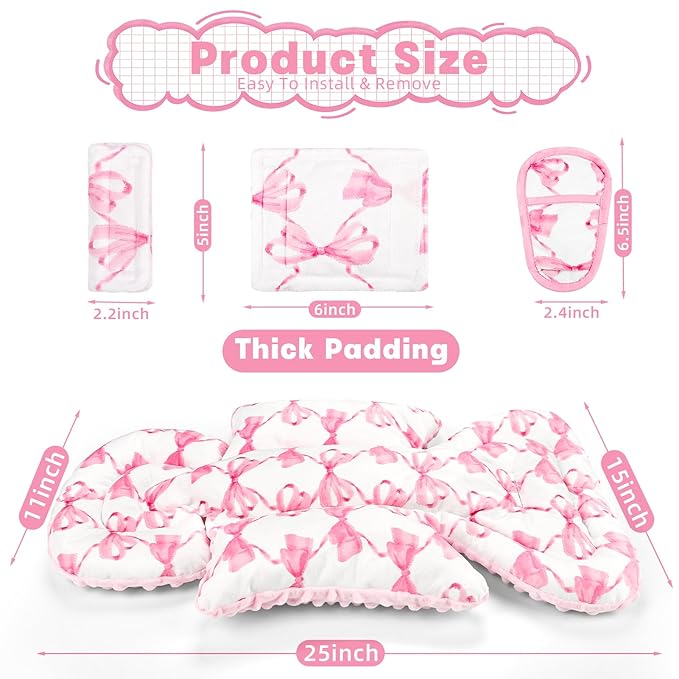 Infant Car Seat Insert, Soft Baby Car Seat Head & Body Support for Girl Boy, Reversible Newborn Preemie Carseat Insert Cushion with 3 Straps Pads, Fits Car Seat, Stroller, Swing, Bouncer, Pink Bow