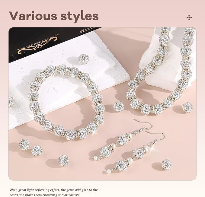 105pcs 10mm Rhinestone Beads for Jewelry Making, White Shiny Round Disco Ball Beads Bulk, Sparkle Crystal Clay Christmas Bead for Bracelet Baseball Necklace Earring Crafting and DIY
