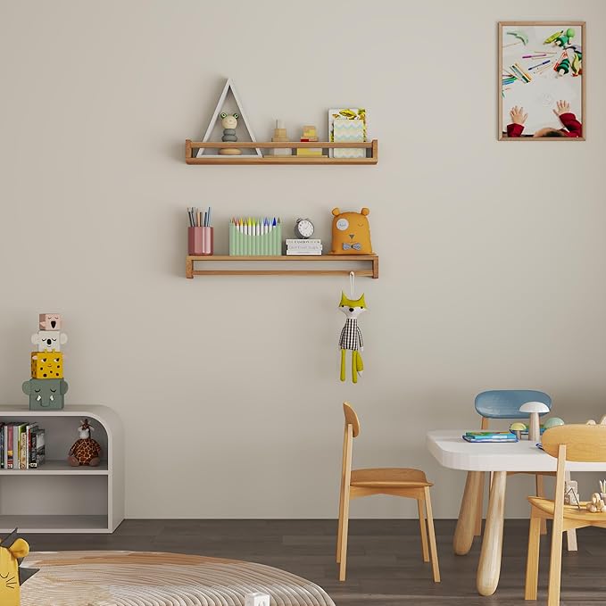 Heimlove Nursery Floating Shelves - 32 inch Solid Wood Wall Mounted Book Shelves for Kids, Set of 3