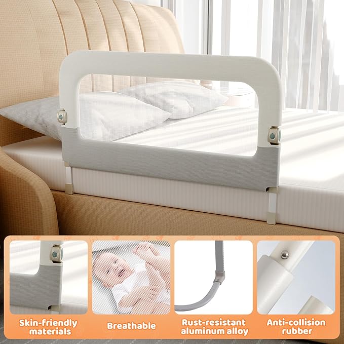 Bed Guard Rail for Toddlers - 47inch Foldable & Adjustable Height Baby Bed Safety Side Rails - Large Toddler Crib Railing Guard for Twin, Bunk, Full Size, Queen & King, Full Size Bed