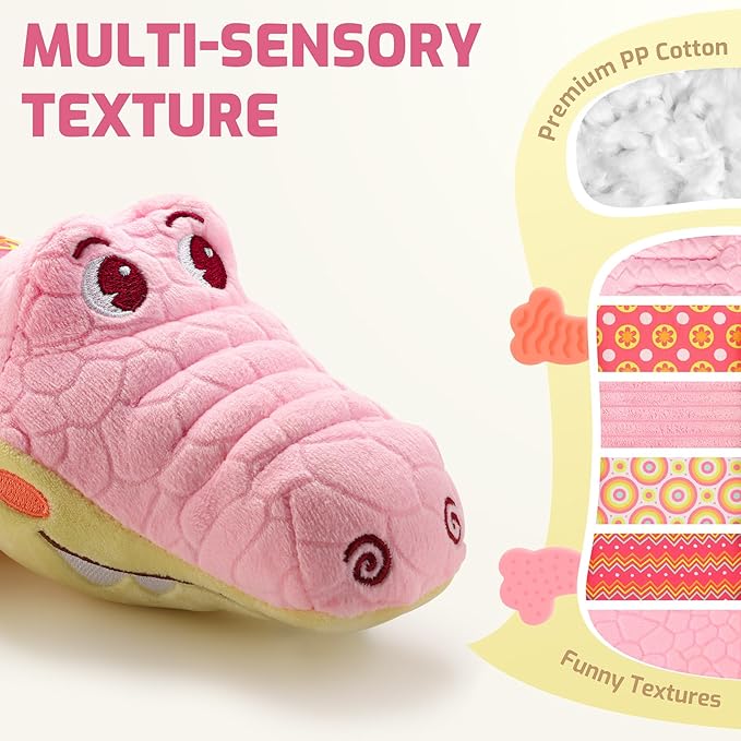 Sumobaby Crocodile Baby Toys Musical Crocodile, Stuffed Animal Activity Soft Toys with Teether, Multi-Sensory Crinkle, Rattle and Textures, for Tummy Time, 0 - 12 Months, Boys, Girls, Alligator (Pink)
