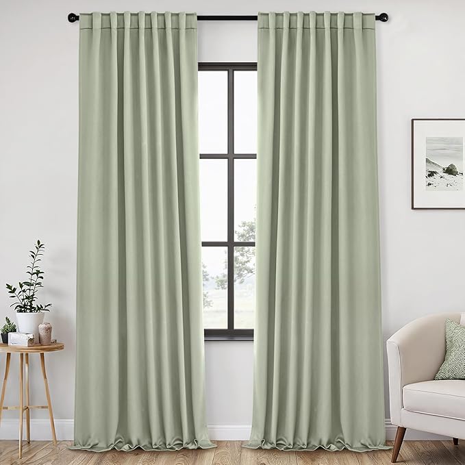 ANRODUO Back Tab Blackout Curtains for Bedroom Living Room, Rod Pocket Pinch Pleated Thermal Insulated Room Darkening Curtains 120 Inches Long 2 Panels, Sage Green, 52 x 120 Inch