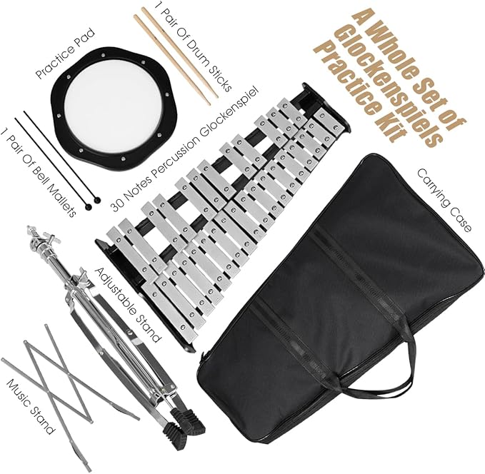 Giantex Percussion Glockenspiel Bell Kit 30 Notes with Carry Case, Practice Pad, Adjustable Height Stand, Bell Mallets, Wooden Sticks, Music Stand, Xylophone Percussion Instrument Set