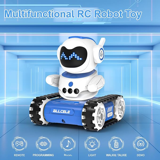 ALLCELE LED RC Robot Toys for Boys and Girls with Walkie Talkie, Programming, Music, Demo and LED Function, Remote Control Robot Toy, Gift for Kids 3-8 Years Old Blue White