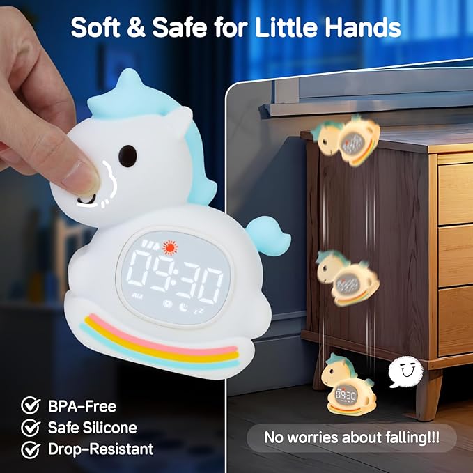 Alarm Clock for Kids with Night Light, Sleep Training Clock Time to Wake Clock, Rechargeable Silicone Light for Bedroom, Perfect Sleep Companion for Boys Girls, Blue Pony