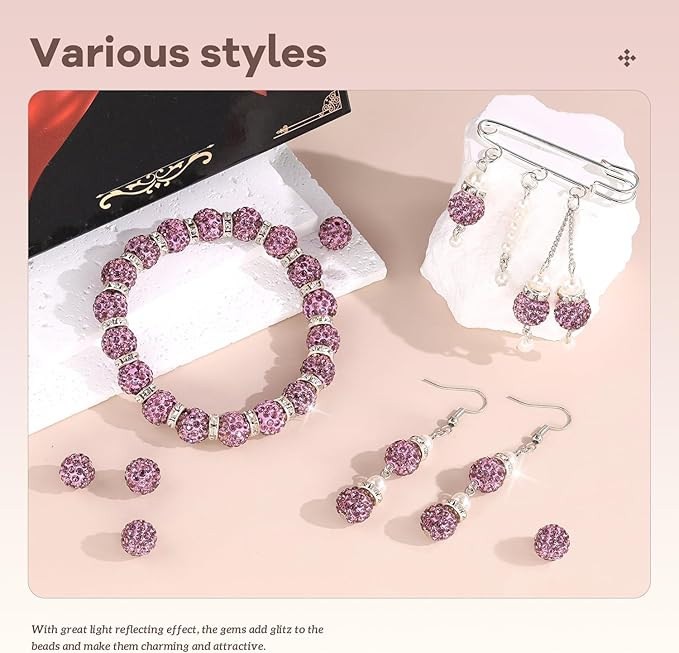 105pcs 10mm Rhinestone Beads for Jewelry Making, Light Purple Shiny Round Disco Beads Bulk, Sparkle Crystal Clay Christmas for Bracelet Baseball Necklace Earring Crafting and DIY