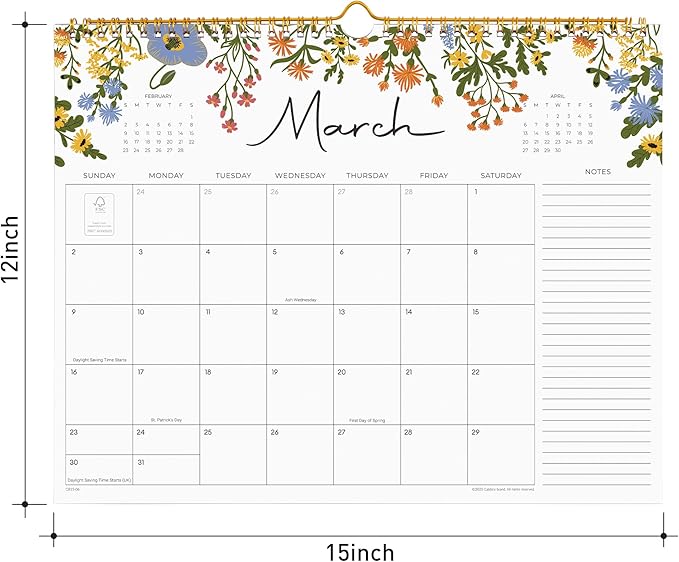 2025-2026 Calendar, Cabbrix Wall Calendar 2025, 18 Months Calendar Runs From July 2025 - December 2026, 15" x 12", Twin-Wire Binding, Hanging Hook, Floral Design