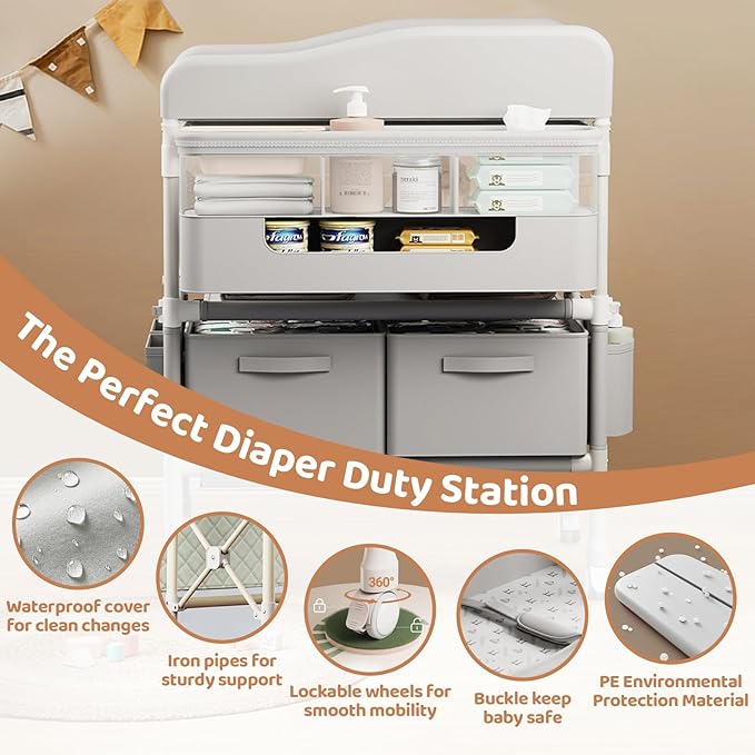 Baby Changing Table, Versatile Folding Changing Table with 2 Drawers, Portable Baby Diaper Changing Station with Toy Holder, Adjustable Height Mobile Nursery Diaper for Infant and Newborn