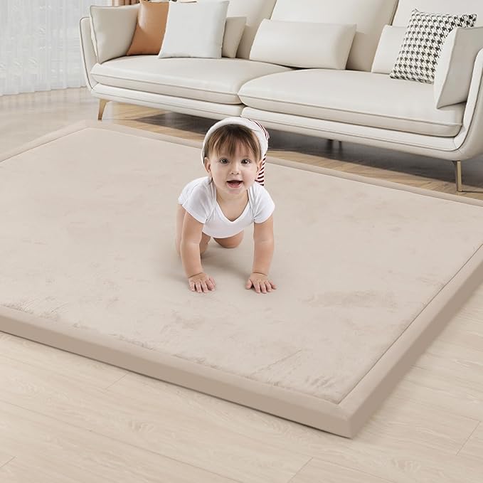 ACOMOPACK Baby Play Mat for Floor 1.3" Thick Memory Foam Play Mat 59"×71" Tummy Time Crawling with Non-Slip Bottom for Living Room,Nursery,Soft Velvet Playpen Mats for Kids,Infants（Beige）