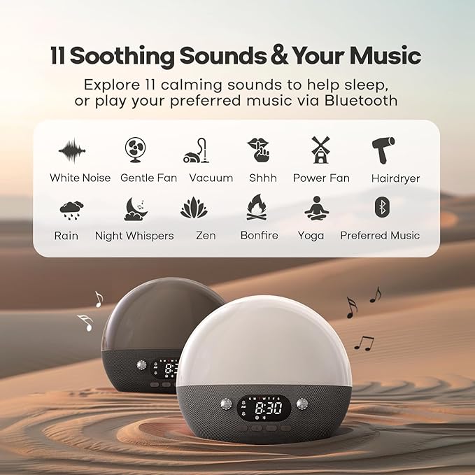 Dekala Smart Sunrise Alarm Clock with Wireless Charging for iPhone 14 13 12 Apple Watch AirPods Samsung, White Noise Sleep Sounds Machine, Nursery Night Light for Heavy Sleeper