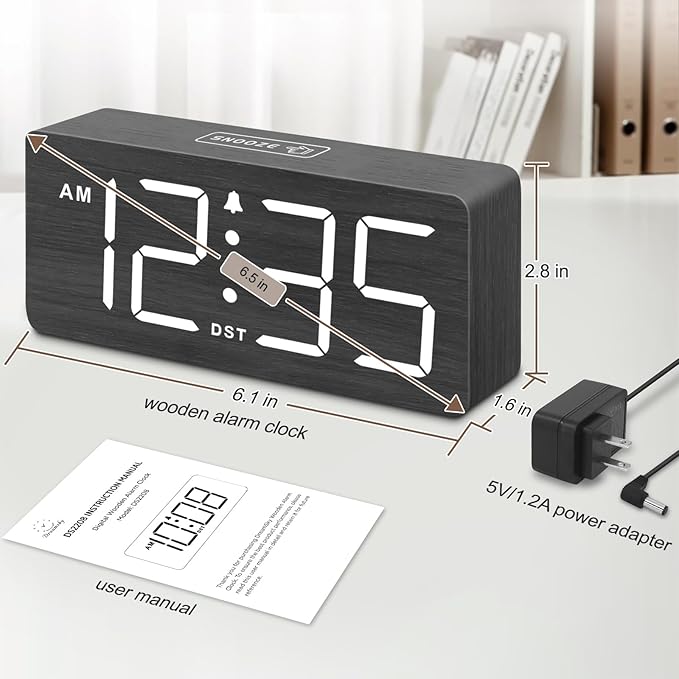 DreamSky Wooden Digital Alarm Clock for Bedroom - Loud Alarm Clock for Heavy Sleepers with Volume Control, Desk Clocks for Living Room with Large Numbers, Dimmer, DST, Wood Decor (Adapter Powered)