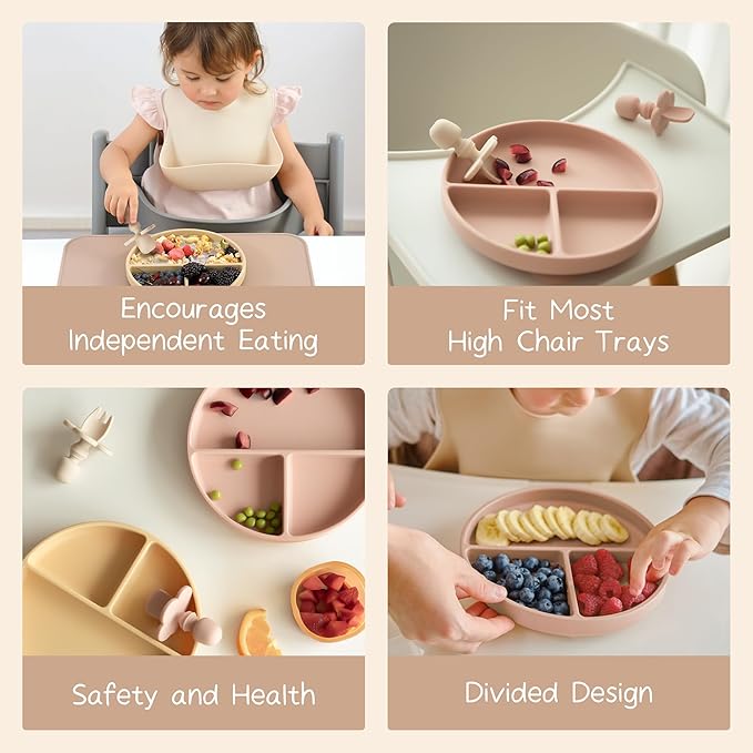 Moonkie Suction Plates for Baby | 100% Silicone BPA-Free Baby Plates with Lids and Food Cover | Divided Design | Microwave and Dishwasher Safe | Toddler Plates 3 Pack