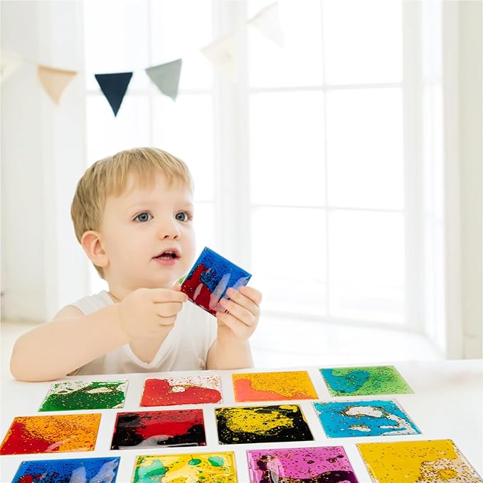 Art3d 6”x6” Square Sensory Fidget Liquid Motion Tiles for Kids, Toddler, Teens - Interactive Soft Gel Liquid Play Mats for Home, Schools, Playrooms, Multi-Pack of 12 Tiles