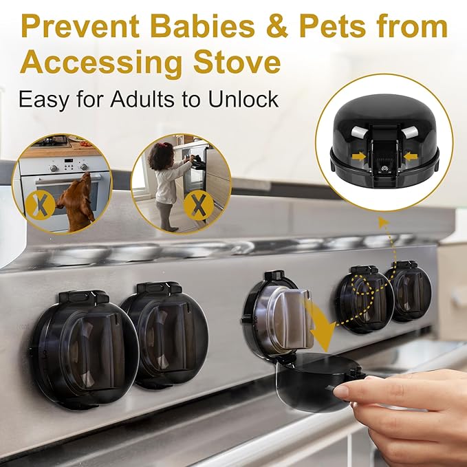 5-Pack Stove Knob Covers for Child Safety - Universal Size Gas Stove Knob Covers with Adhesive, Heat-Resistant Baby Proof Stove Knob Covers, Dual-Key Oven Knob Covers for Child Safety and Pet (Black)