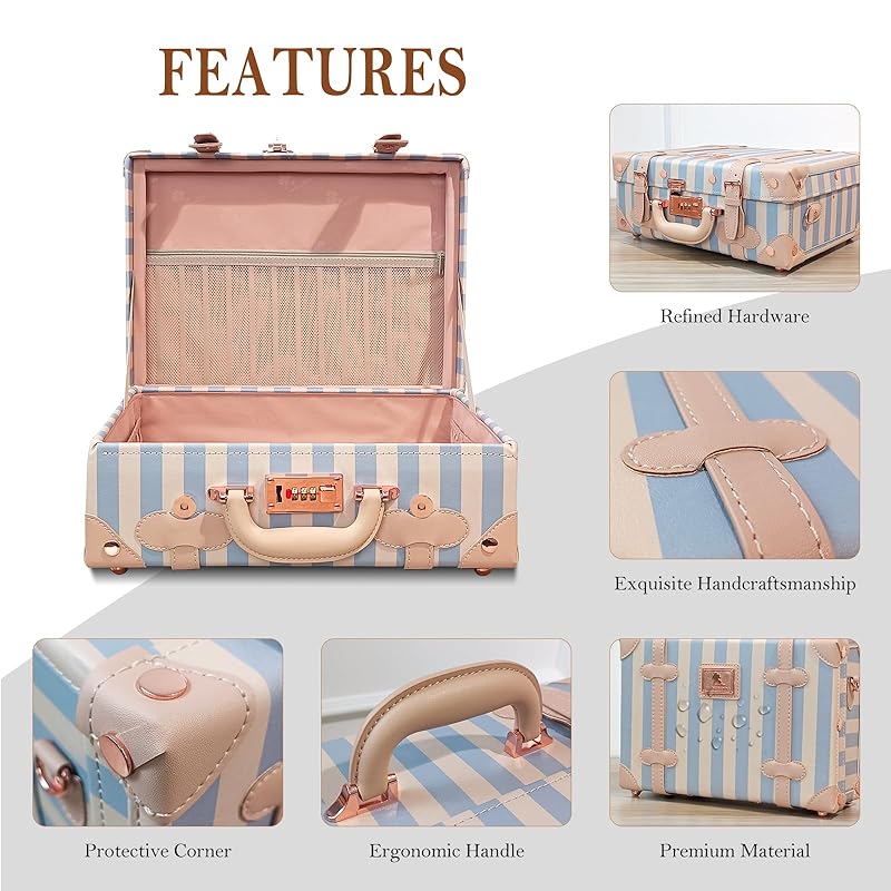 Unitravel Baby Keepsake Case, 16" Handmade Memory Storage Box, Newborn Keepsake Box, Vintage Suitcase for Baby Shower, Baptism, Naming Ceremony or Birthday (blue strip)