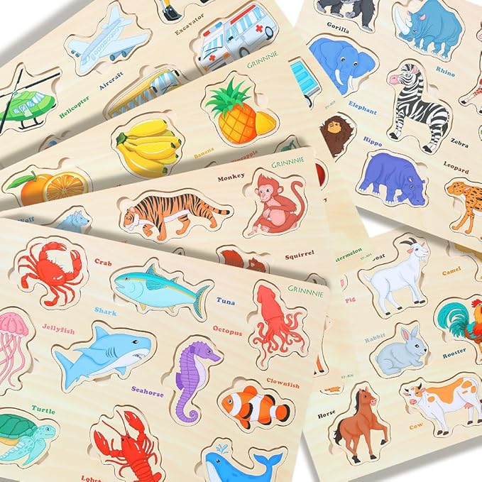 GRINNNIE Wooden Toddler Puzzle for Age 2 3 4 Years Old, 6 PCS Toddlers Learning Puzzle Set - Animal, Fruit, Sea Creature and Vehicle, Educational Toy Birthday for 3-5 Boys Girls